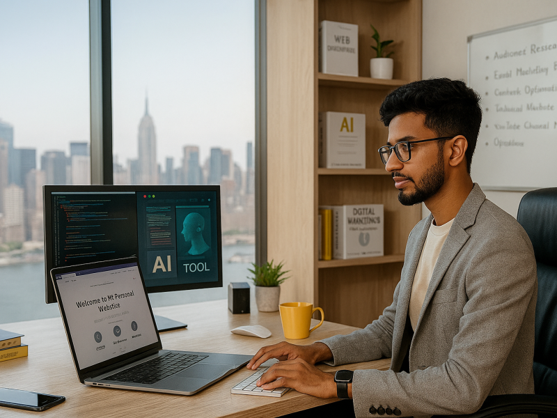Young South Asian male CEO working on website development in a new office environment, dressed in traditional attire, focused on digital projects.